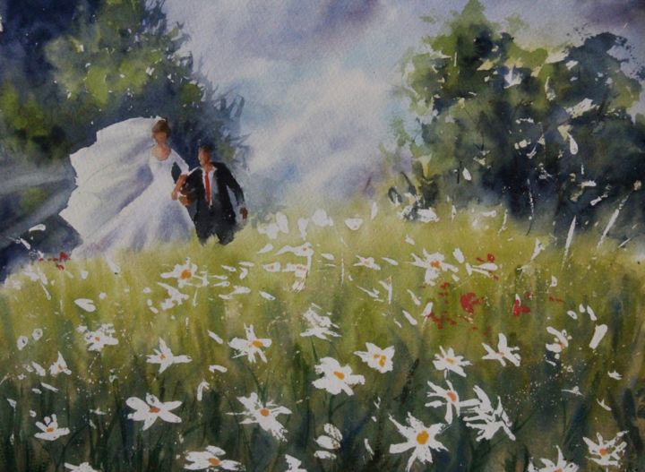 Painting titled "summer wedding" by Nata New, Original Artwork, Watercolor