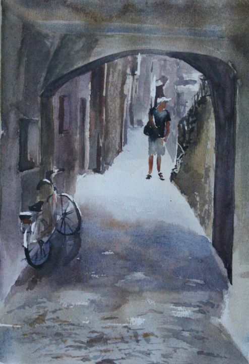 Painting titled "SOMEWHERE IN OLD TO…" by Nata New, Original Artwork, Watercolor