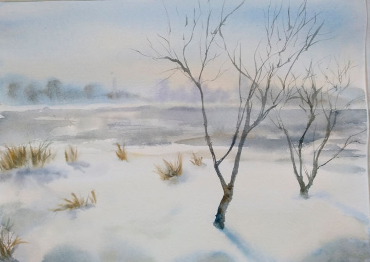 Malerei mit dem Titel "Snow silence" von Nata New, Original-Kunstwerk, Aquarell