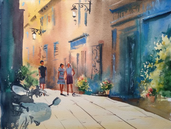 Peinture intitulée "SPAIN SUMMER STREET" par Nata New, Œuvre d'art originale, Aquarelle