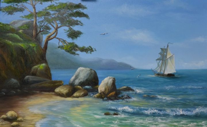 Painting titled "azure sea" by Nata New, Original Artwork