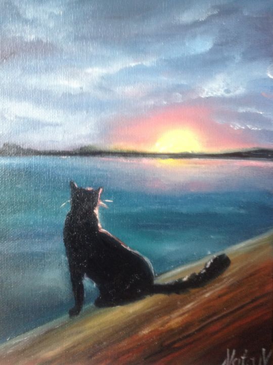 Painting titled "the cat's looking a…" by Nata New, Original Artwork, Oil