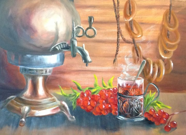 Painting titled "Tea still life" by Nata New, Original Artwork, Oil