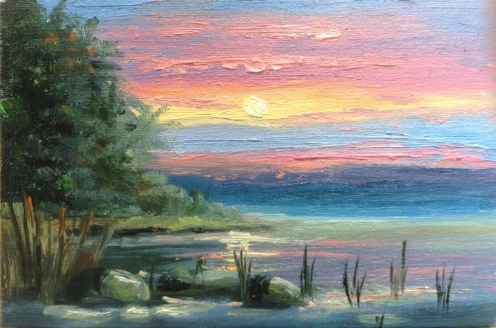 Painting titled "magnificant sunset…" by Nata New, Original Artwork, Oil