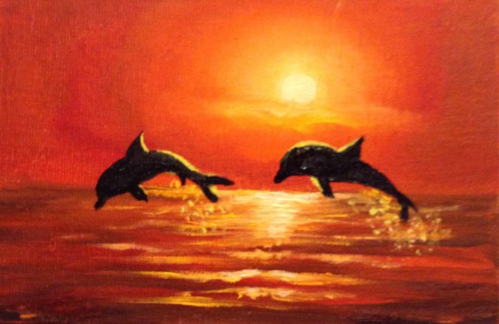 Painting titled "Dolphins" by Nata New, Original Artwork, Oil