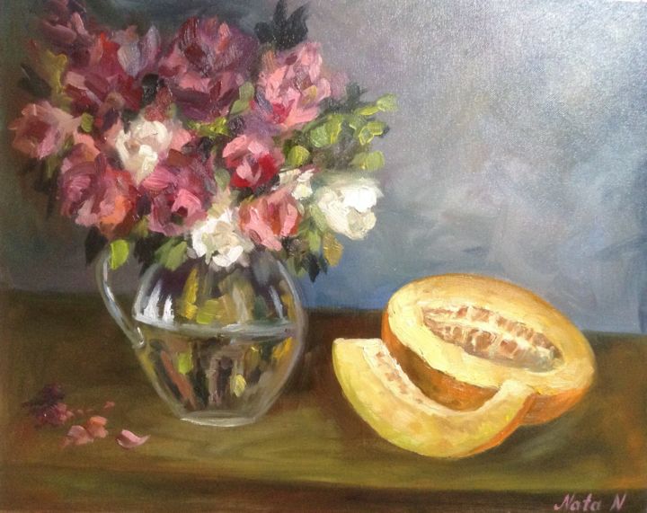 Painting titled "Melon and roses" by Nata New, Original Artwork, Oil