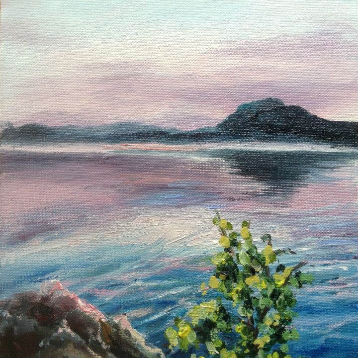 Malerei mit dem Titel "Dawn on the lake" von Nata New, Original-Kunstwerk, Öl