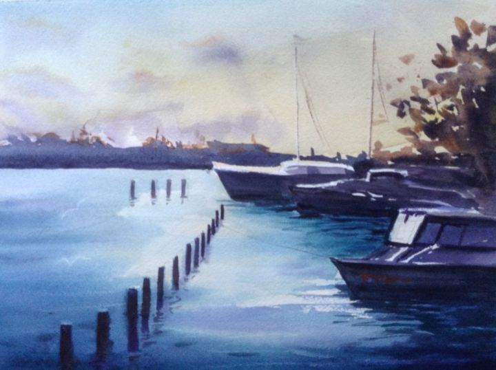 Painting titled "BOATS" by Nata New, Original Artwork, Watercolor