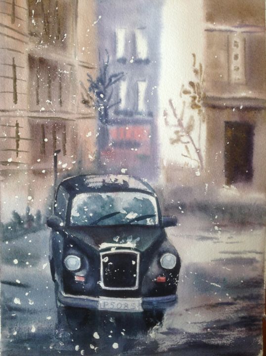 Malerei mit dem Titel "winter in the city" von Nata New, Original-Kunstwerk, Aquarell