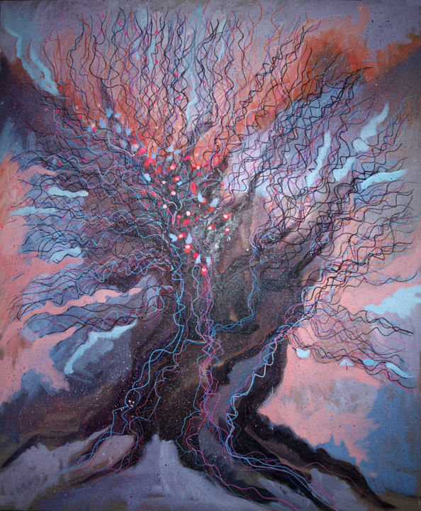 Pintura titulada ""ARBRE CHEVELU ROSE…" por Natacha Kolson, Obra de arte original, Oleo