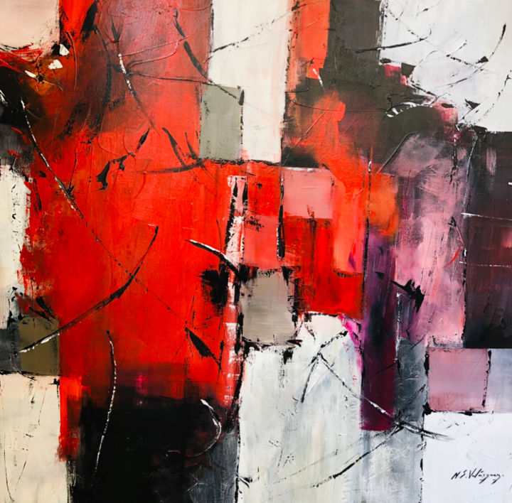 Painting titled "Éclat rouge/violet" by Natacha Skorochod Velásquez, Original Art, Acrylic