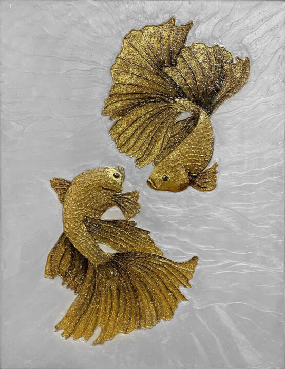 Peinture intitulée "Картина золотые рыб…" par Natalia Komar, Œuvre d'art originale, Résine