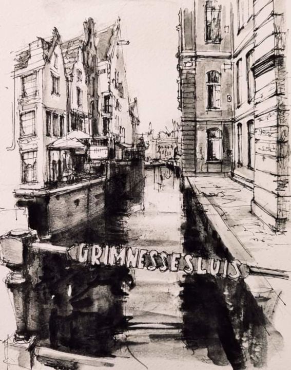Drawing titled "Amsterdam" by Natalia Nikolenko, Original Artwork, Gel pen