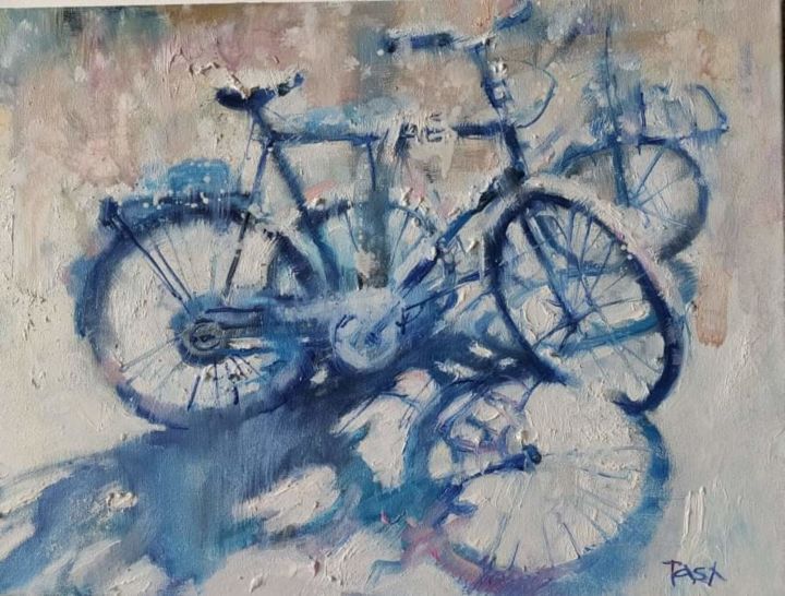 Pittura intitolato "Winter bikes in Ams…" da Natalia Nikolenko, Opera d'arte originale, Olio