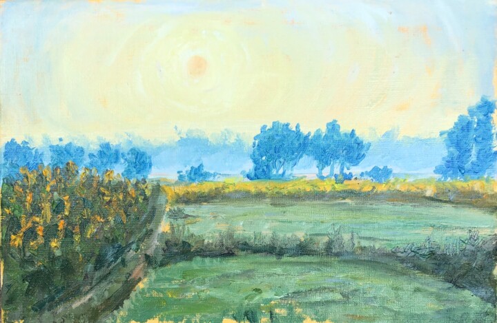 Painting titled "sunrise of the summ…" by Natala Azarna, Original Artwork, Oil Mounted on Wood Panel