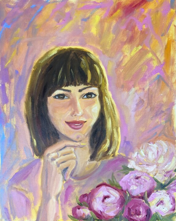 Peinture intitulée "Happy young woman" par Natala Azarna, Œuvre d'art originale, Huile Monté sur Panneau de bois