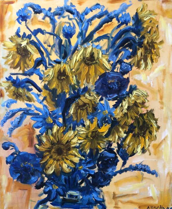 Peinture intitulée "Sunflowers and blue…" par Natala Azarna, Œuvre d'art originale, Huile Monté sur Panneau de bois