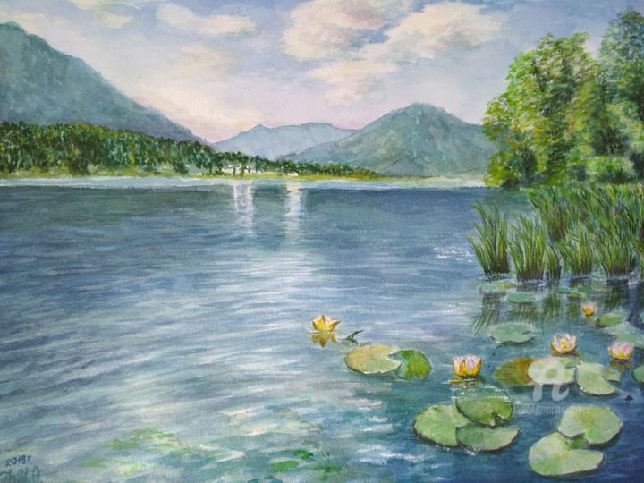 Pintura intitulada "Летом на озере.jpg" por Natalia Farstova, Obras de arte originais, Aquarela