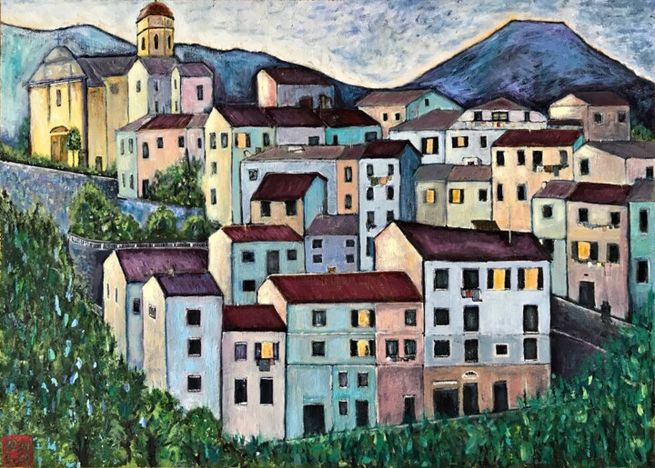 Ζωγραφική με τίτλο "Italian town in blue" από Natali Part, Αυθεντικά έργα τέχνης, Λάδι