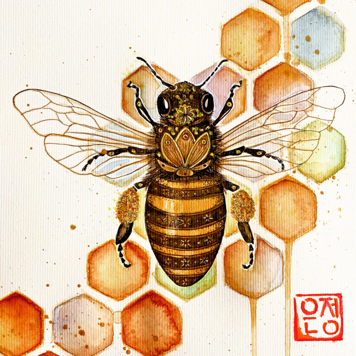 Painting titled "Bee colorful" by Natali Part, Original Artwork, Watercolor