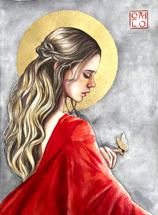 Pintura intitulada "Madonna in red / re…" por Natali Part, Obras de arte originais, Aquarela