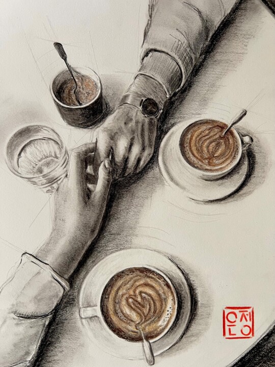 Zeichnungen mit dem Titel "Coffee encounter #1…" von Natali Part, Original-Kunstwerk, Kohle