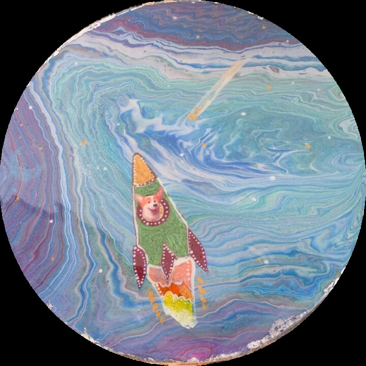 Pittura intitolato "Corgi in flight! Wh…" da Natali Shepeleva, Opera d'arte originale, Acrilico