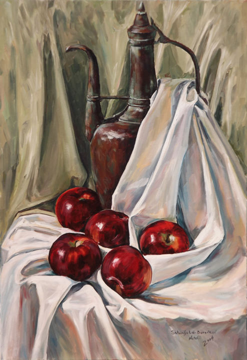 Malerei mit dem Titel "Apples with jug-3" von Natali Shtainfeld-Borovkov, Original-Kunstwerk, Öl