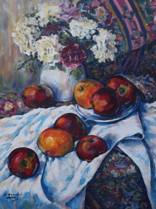 Malerei mit dem Titel "Apples with roses" von Natali Shtainfeld-Borovkov, Original-Kunstwerk, Öl