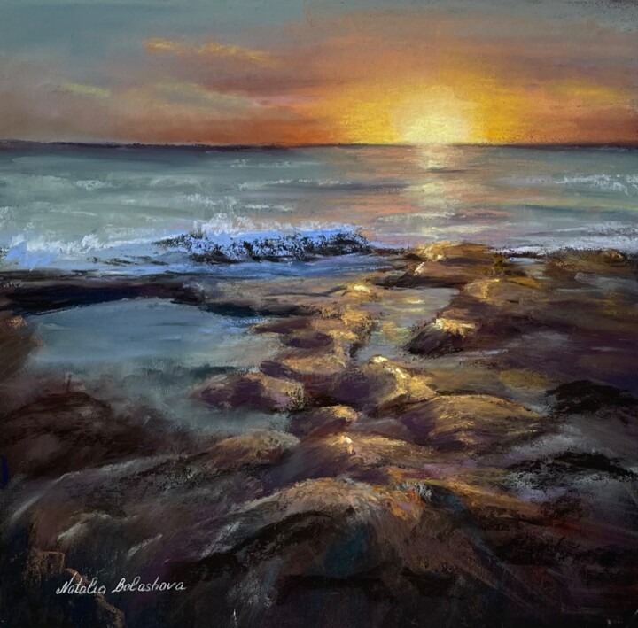 Schilderij getiteld "Sea.  Sunset.  Past…" door Natalia Balashova. Pastelist., Origineel Kunstwerk, Pastel Gemonteerd op Fra…