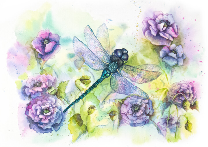 Drawing titled "Dragonfly in Poppies" by Natalia Berezina (natimade), Original Artwork, Watercolor