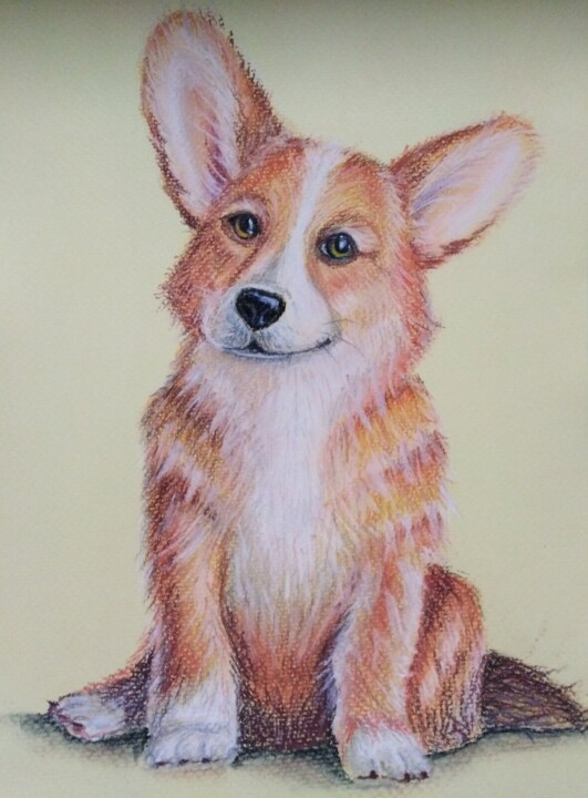 Drawing titled "Сorgi dog" by Natalia Bokhanova, Original Artwork, Pastel