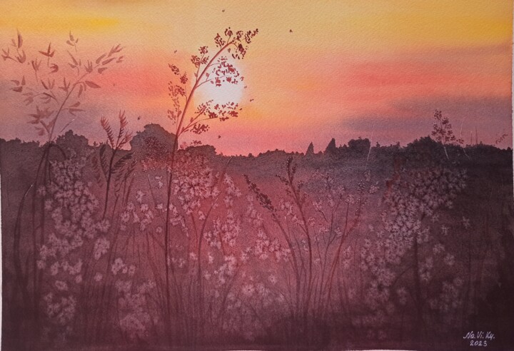 Schilderij getiteld "Sunset" door Natalia Buhaienko, Origineel Kunstwerk, Aquarel