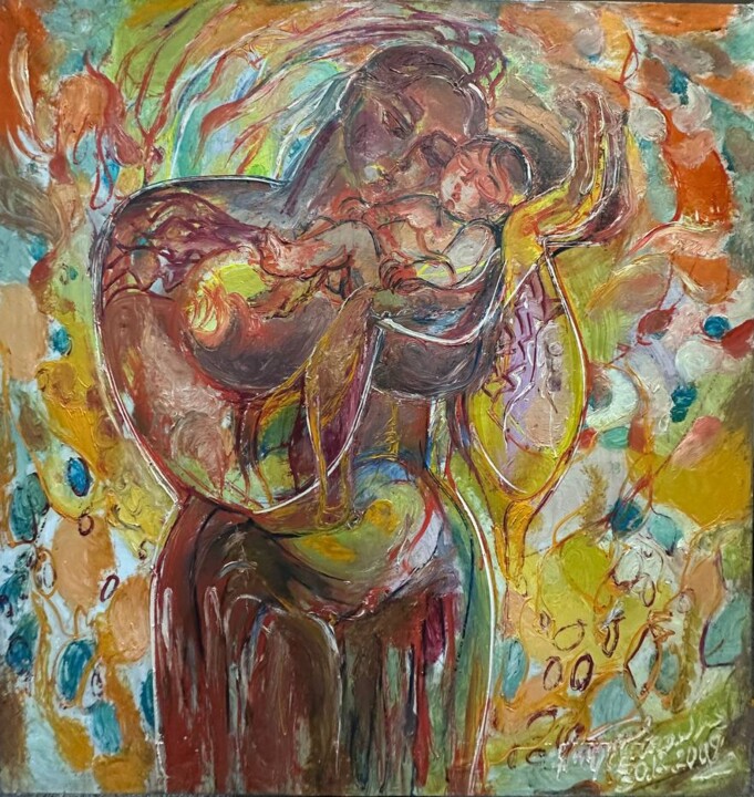 Schilderij getiteld "Maternity" door Natalia Chernogolova, Origineel Kunstwerk, Olie Gemonteerd op Frame voor houten brancard