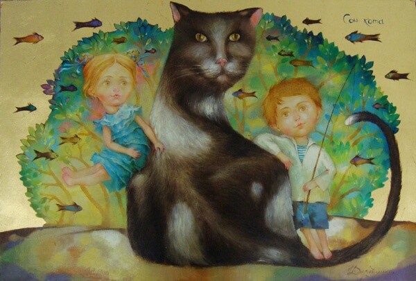 Peinture intitulée "Il sogno del gatto…" par Natalia Derevianko, Œuvre d'art originale, Huile