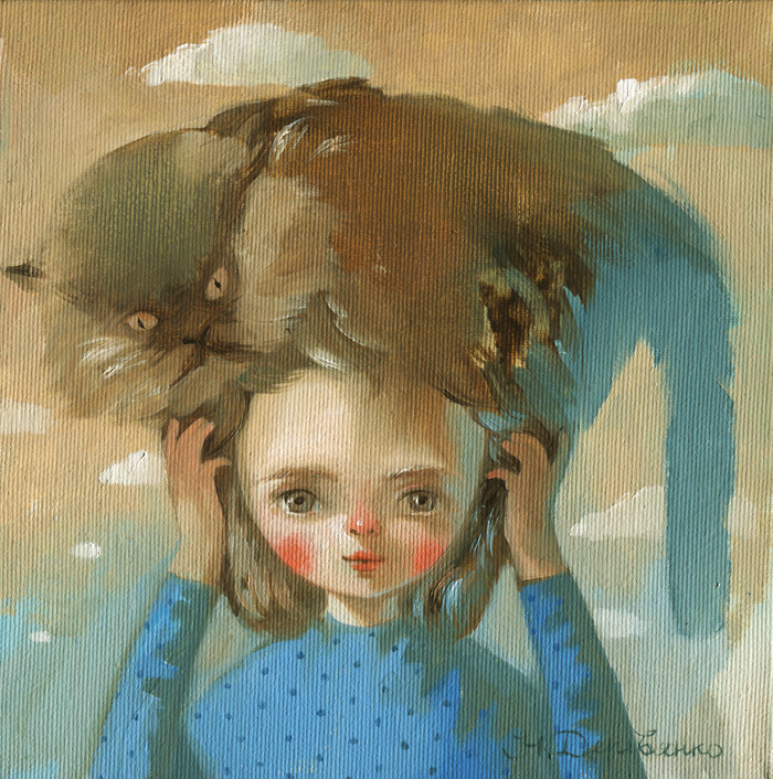 Malarstwo zatytułowany „Cat girl” autorstwa Наталья Деревянко, Oryginalna praca, Olej