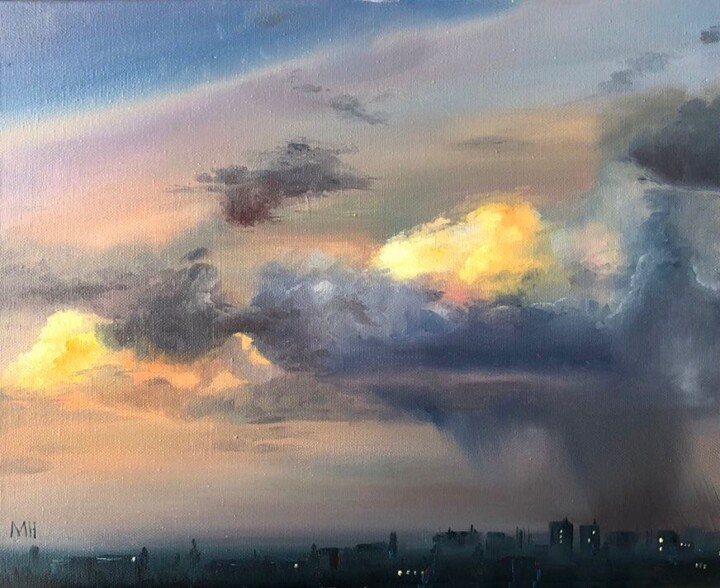 Painting titled "After the rain" by Natalia Hlazieva, Original Artwork, Oil Mounted on Wood Stretcher frame