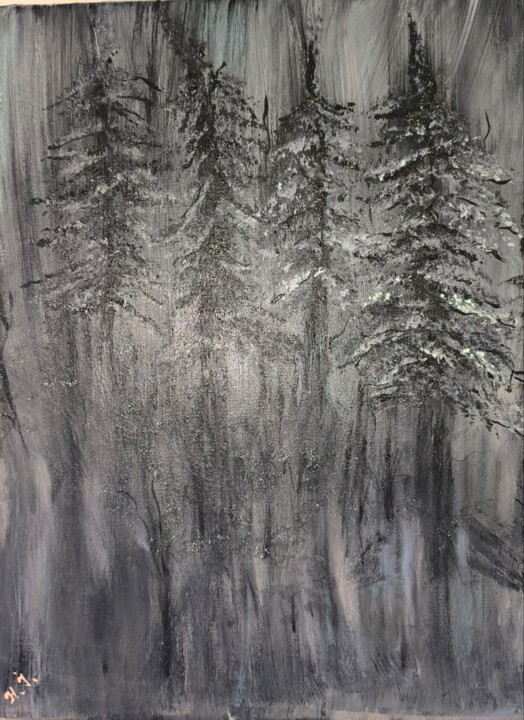 Painting titled "Dark trees" by Natalia Ivanova, Original Artwork, Acrylic Mounted on Wood Stretcher frame