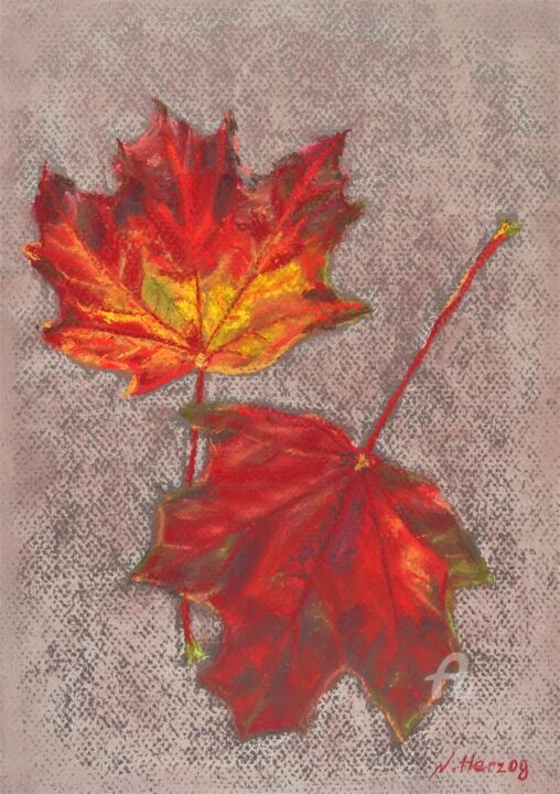 Drawing titled "Buntes Herbstlaub" by Natalia Jelusic, Original Artwork, Pastel