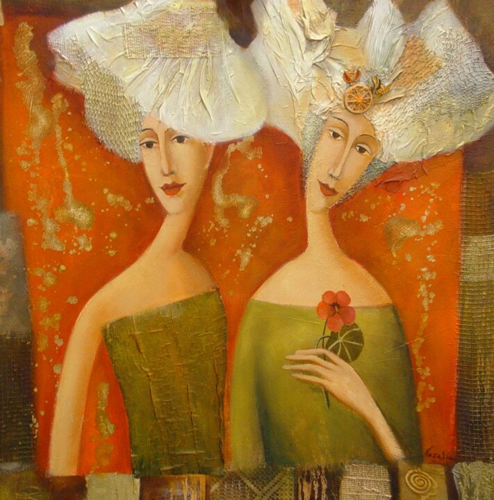 Painting titled "Mother and daughter" by Natalia Kaza, Original Artwork, Acrylic
