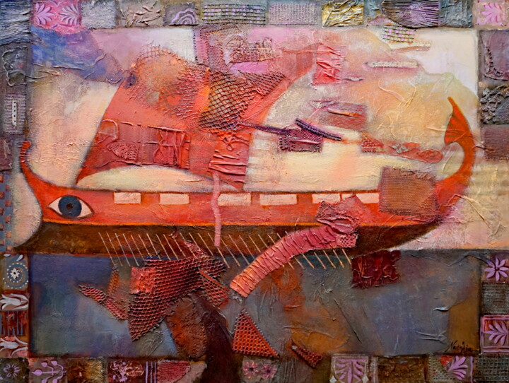 Malerei mit dem Titel "Odysseus's ship." von Natalia Kaza, Original-Kunstwerk, Acryl