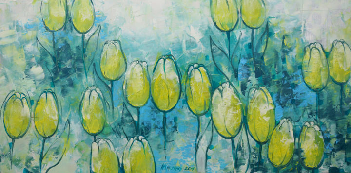 Pittura intitolato "Tulipani gialli" da Natalia-Khromykh, Opera d'arte originale, Olio