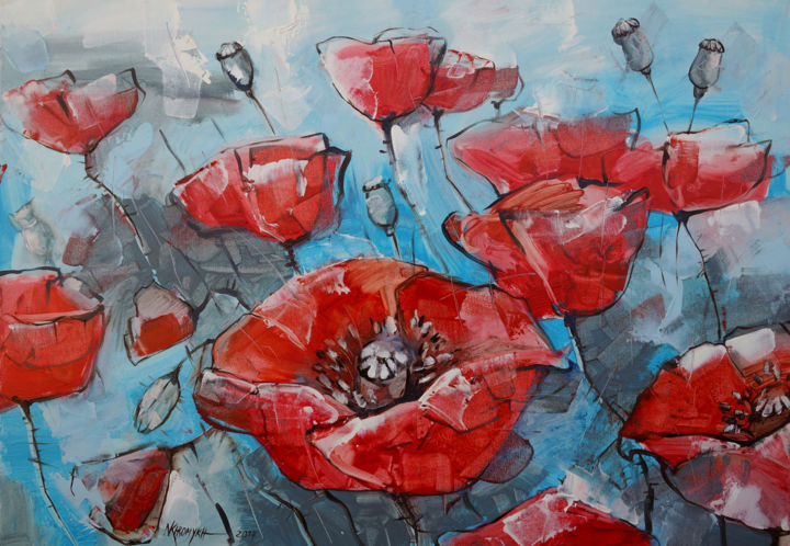 Painting titled "Poppies" by Natalia-Khromykh, Original Artwork, Oil