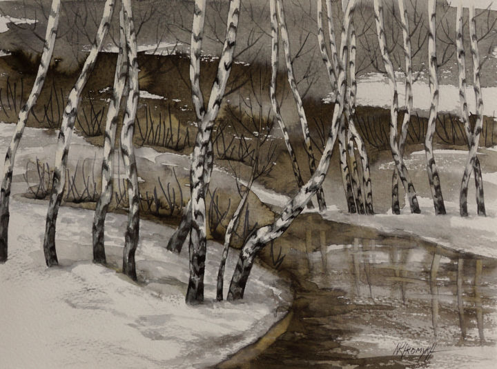 Pintura intitulada "spring in a birchwo…" por Natalia-Khromykh, Obras de arte originais, Aquarela