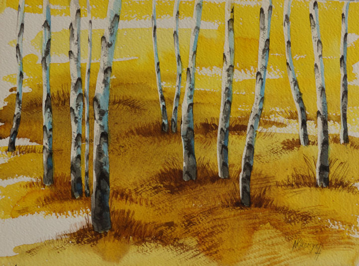 Painting titled "fall in a birchwood" by Natalia-Khromykh, Original Artwork, Watercolor