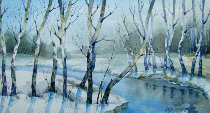 Pittura intitolato "snow thaws-6" da Natalia-Khromykh, Opera d'arte originale, Acquarello