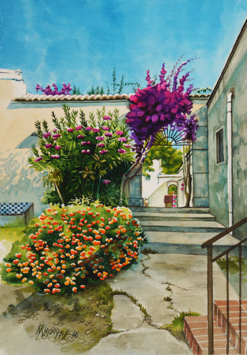 Painting titled "Cortile Siciliano" by Natalia-Khromykh, Original Artwork, Watercolor