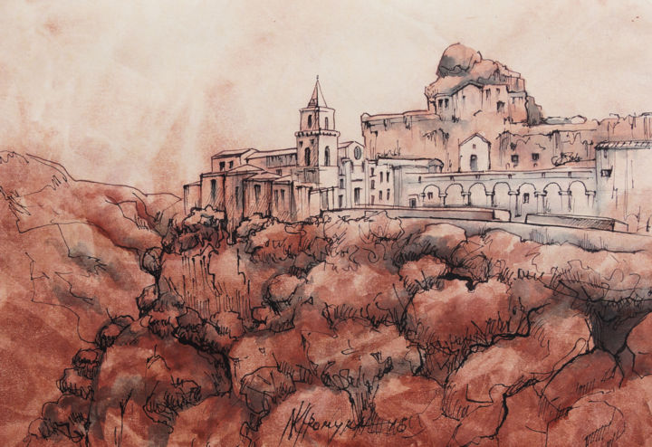 Schilderij getiteld "Matera" door Natalia-Khromykh, Origineel Kunstwerk, Aquarel