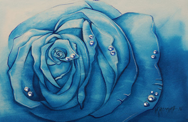 Painting titled "una rosa blu" by Natalia-Khromykh, Original Artwork, Watercolor