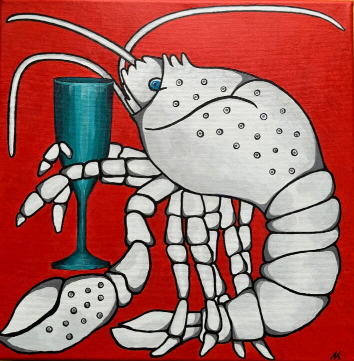 Painting titled "A lone lobster #2 (…" by Natalia Kludt, Original Artwork, Acrylic Mounted on Wood Stretcher frame